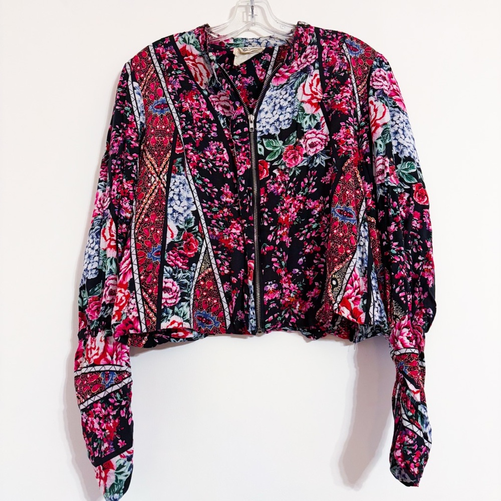 Jaase Floral Cropped Bomber Jacket Black Pink Floral Size L